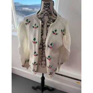 VTG Hand Knit Holiday White Oversized Sweater with Red & Green Holly Embellishme